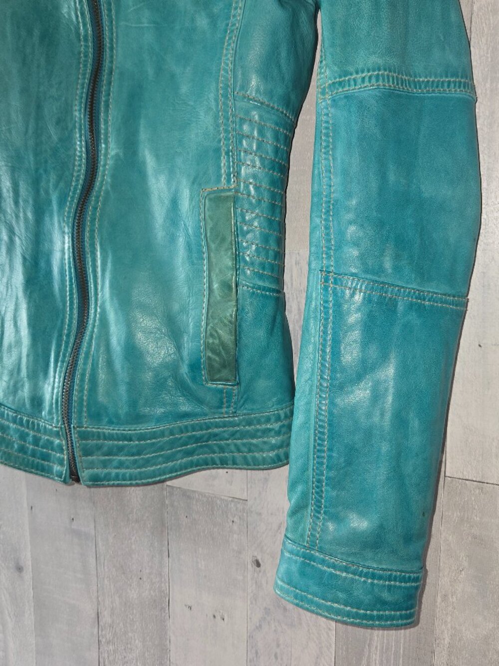 Danier Vintage Turquoise Leather Moto Bomber Jacket Y2K Retro XXS Size 3 - Picture 4 of 10